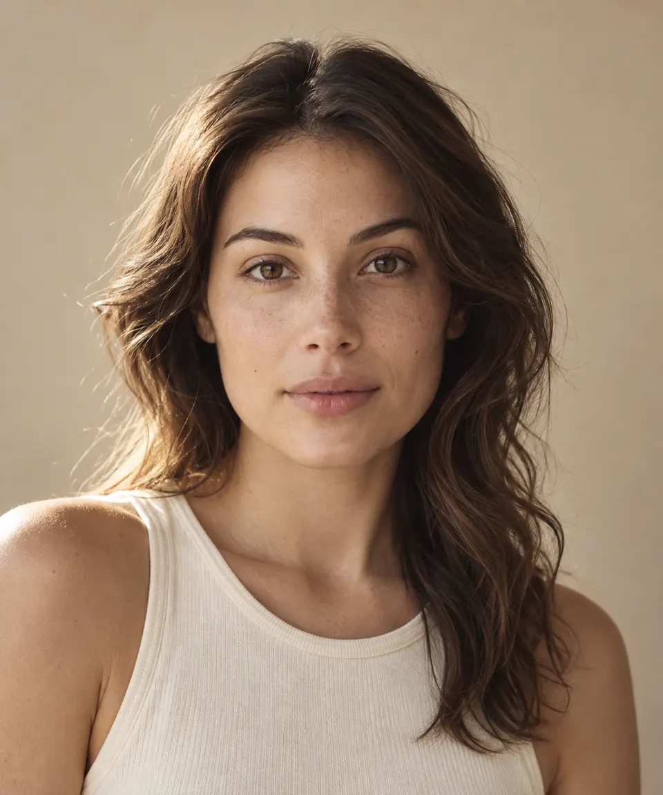Portrait with bare skin and natural brows, before a look is composed